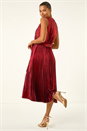 Red Metallic Pleat Belted Midi Dress, Image 3 of 5
