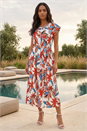 Orange Leaf Print Belted Midi Dress, Image 1 of 4