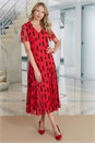 Red Julianna Print Mesh V-Neck Godet Dress, Image 1 of 3