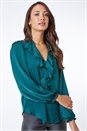 Green Satin Ruffle Neck Blouse , Image 2 of 5