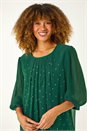 Dark Green Pleated Sleeve Sparkly Top, Image 4 of 5