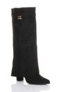 Black AJVANI Black High Block Heel Pointed Toe Fold Over Knee Boots, Image 2 of 4