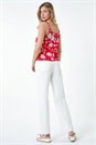 Coral Ditsy Floral Lace Trim V-Neck Top, Image 3 of 5