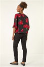 Red Floral Shoulder Bow Pleated Top, Image 3 of 5