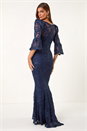 Navy  Lace Scallop V-Neck Bodycon Maxi Dress, Image 3 of 5