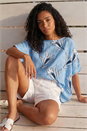 Light Blue  Floral Embroidered Buttoned Back Top, Image 2 of 4