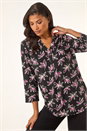 Black Abstract Print V-Neck Stretch Top, Image 1 of 5