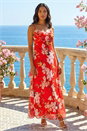 Red Floral Cowl Neck Chiffon Dress, Image 1 of 4