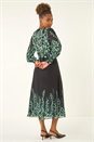 Blue Floral Border Belted Midi Dress, Image 3 of 5