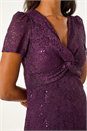 Purple Sequin Lace Twist Front Midi Dress, Image 5 of 5