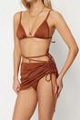 Brown Triangle Bikini Set with Tie Side Skirt Detail, Image 2 of 3