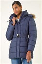 Navy Faux Fur Padded Belt Coat, Image 1 of 5