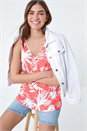PINK Sleeveless V-Neck Palm Print Button Cami Top, Image 1 of 5
