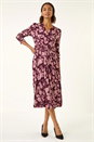 Wine Abstract Floral Wrap Midi Dress, Image 2 of 5