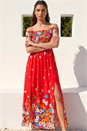 Red Floral Print Bardot Shirred Midi Dress, Image 2 of 4