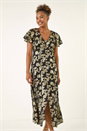 Black Burnout Floral Frill Midi Dress, Image 4 of 5