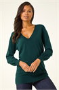 Dark Green Plain V-Neck Stretch Longline Jumper, Image 4 of 5