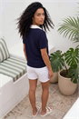 Navy  Cotton Collar V-Neck Top , Image 3 of 4