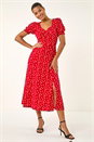 Red Polka Dot Sweetheart Neck Stretch Midi Dress, Image 1 of 5