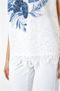 Blue Floral Print Lace Trim Stretch T-Shirt , Image 5 of 5