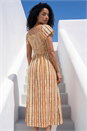 Orange Abstract Stripe Shirred Midi Dress , Image 3 of 4