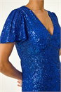 Royal Blue Sequin V-Neck Stretch Midi Dress , Image 5 of 5