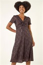 Chocolate Sequin Lace Twist Front Midi Dress, Image 1 of 5