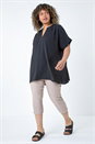 Black Curve Linen Look  V-Neck Longline Top, Image 2 of 5