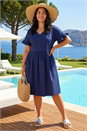 Navy Curve V-Neck Frill Dress, Image 1 of 4