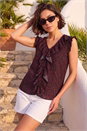 Black Floral Print Ruffle Front Top, Image 3 of 4