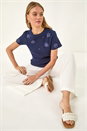 Petrol Blue Floral Applique T-shirt, Image 1 of 5