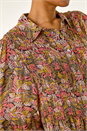 Brown Shirred Printed Front Button Up Blouse, Image 5 of 5