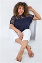 Navy Curve Lace Yoke Stretch Bubble Hem Top, Image 1 of 5