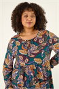 Teal Curve Floral Gathered Tie Front Top, Image 5 of 7