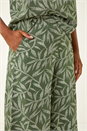 Khaki Leaf Print Linen Blend Wide Leg Trouser, Image 5 of 5