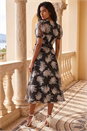 Black Floral Organza Belted Dress, Image 3 of 4