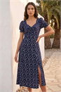 Navy  Polka Dot Sweetheart Neck Stretch Midi Dress, Image 1 of 4