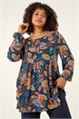 Teal Curve Floral Gathered Tie Front Top, Image 2 of 7