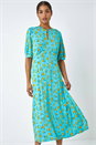 Blue Sunflower Print Keyhole Stretch Midi Dress, Image 1 of 6