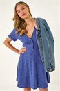 Denim Broderie Cotton Stretch Frill Dress, Image 1 of 6