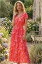 Orange Floral Print Shirred Maxi Dress, Image 2 of 4