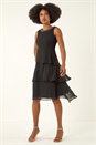 Black Embellished Neck Tiered Chiffon Dress, Image 2 of 5