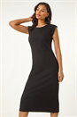 Black Ribbed Cap Sleeve Midi Dress, Image 1 of 5