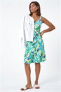 Blue Aztec Print Stretch Frill Hem Dress, Image 2 of 5