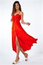 Orange Satin Ruffle Jacquard Asymmetric Midi Dress, Image 1 of 5