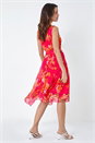 Cerise Floral Print Chiffon Shirred Asymmetric Dress, Image 3 of 6