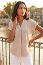 Beige Pleated Notch Neck Top, Image 2 of 4