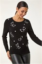 Black Embroidered Bow Detail Knit Jumper, Image 2 of 5