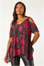 Red Floral Print Cold Shoulder Asymmetric Top, Image 1 of 5