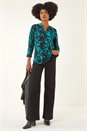 Teal Floral Print V-Neck Stretch Top, Image 1 of 5